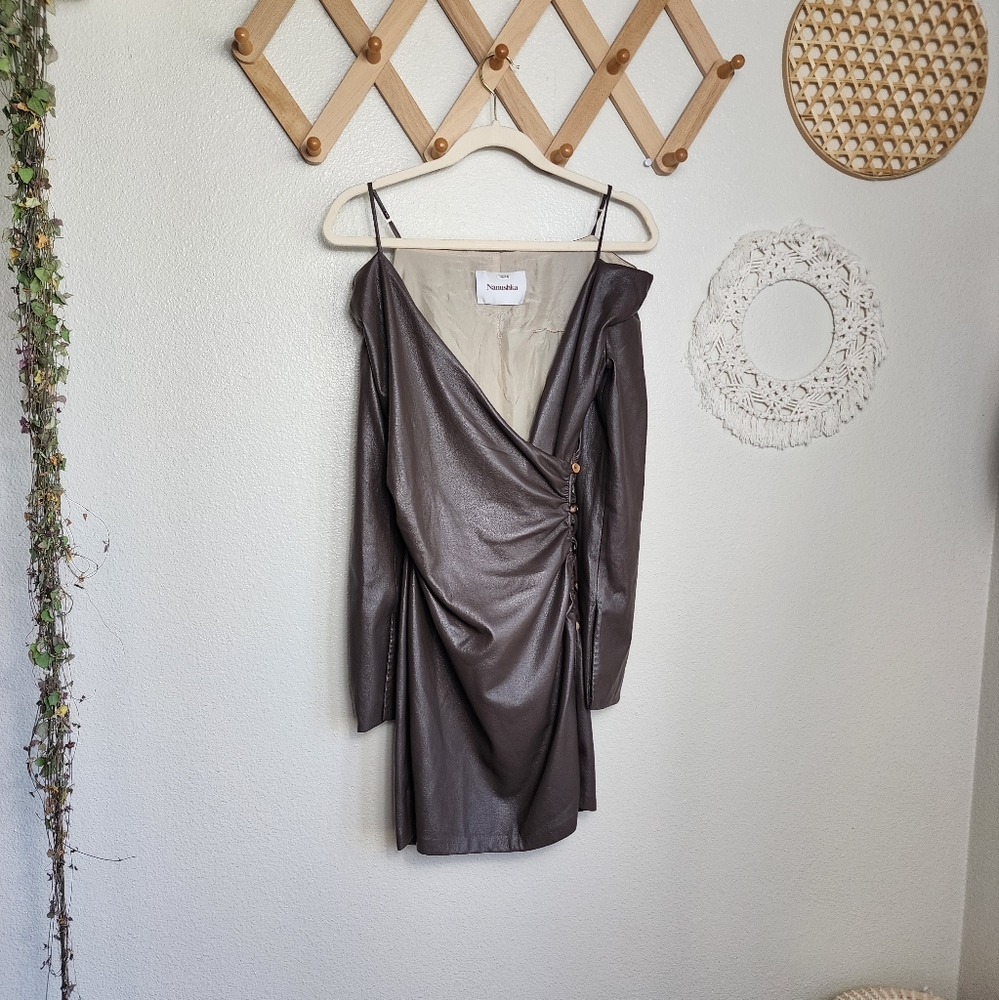 Nanushka Faux Leather Moha Mini Dress In Brown Size XS - Picture 2 of 15